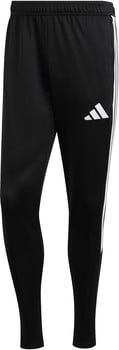 Schwarze Adidas Sporthose mit weißen Streifen und Logo.