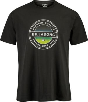 Čierne tričko Billabong s okrúhlym logom a nápisom 'Premium Quality'.