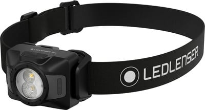 Schwarze Ledlenser Stirnlampe mit verstellbarem Band und zwei LEDs. Schwarze Ledlenser Stirnlampe mit verstellbarem Band und zwei LEDs.