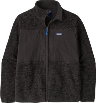 Schwarze Patagonia Fleecejacke mit durchgehendem Reißverschluss und blauem Detail.