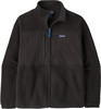 Schwarze Patagonia Fleecejacke mit durchgehendem Reißverschluss und blauem Detail.