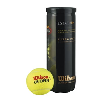 Žluté tenisové míčky Wilson US Open v černé tubě s popisem Extra Duty.