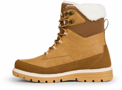 Braune Winterstiefel mit Fellbesatz und Schnürung, auf weißer Sohle. Braune Winterstiefel mit Fellbesatz und Schnürung, auf weißer Sohle.