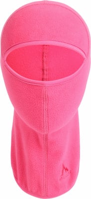 Eine pinke Fleece-Sturmhaube mit Gesichtsöffnung und Logo.