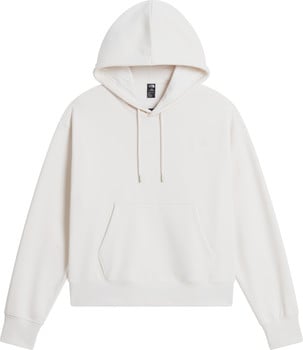 Ein cremefarbener Hoodie mit Kapuze und Kängurutasche, mit dem The North Face Logo.