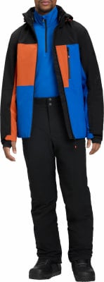Mann in Skijacke und Hose, blaues Oberteil, orange-schwarze Einsätze. Mann in Skijacke und Hose, blaues Oberteil, orange-schwarze Einsätze.