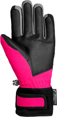 Eine pink-schwarze Skihandschuh mit grauen Details und wasserabweisender Oberfläche. Eine pink-schwarze Skihandschuh mit grauen Details und wasserabweisender Oberfläche.