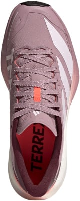 Rosa Adidas Laufschuhe mit weißen Streifen und schwarzer Sohle.