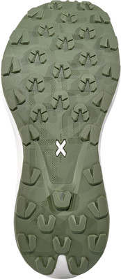 Schuhsohle mit aggressivem Profil und einem X-Logo in der Mitte.