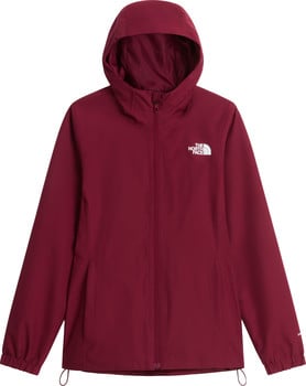 Damen-Weinrote Jacke von The North Face mit Kapuze und Logo auf der Brust.