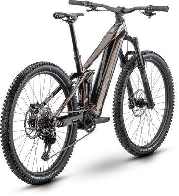 Ein braunes Fullsuspension-Mountainbike mit schwarzen Rädern und Details. Ein braunes Fullsuspension-Mountainbike mit schwarzen Rädern und Details.