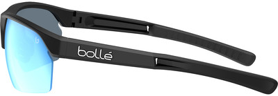 Schwarze Sportsonnenbrille von Bollé mit blauen verspiegelten Gläsern.