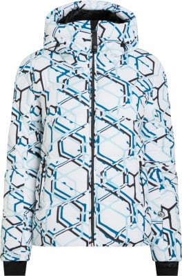 Weiße Skijacke mit blauem geometrischem Muster und schwarzen Details. Weiße Skijacke mit blauem geometrischem Muster und schwarzen Details.