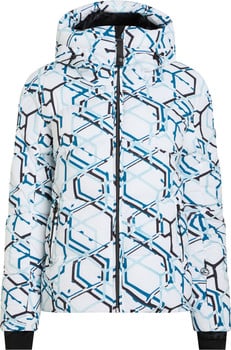 Weiße Skijacke mit blauem geometrischem Muster und schwarzen Details.