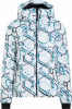 Weiße Skijacke mit blauem geometrischem Muster und schwarzen Details.