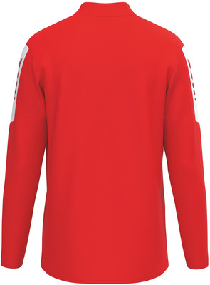 Ein rotes Sweatshirt mit langen Ärmeln und weißen Streifen an den Schultern. Ein rotes Sweatshirt mit langen Ärmeln und weißen Streifen an den Schultern.