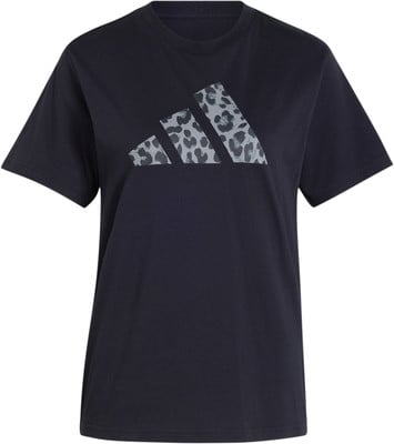 Schwarzes Adidas T-Shirt mit Leopardenmuster auf dem Logo. Schwarzes Adidas T-Shirt mit Leopardenmuster auf dem Logo.