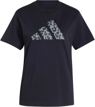 Schwarzes Adidas T-Shirt mit Leopardenmuster auf dem Logo.