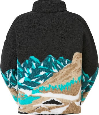 Schwarze Fleecejacke mit winterlichem Bergmotiv in Türkis und Beige. Schwarze Fleecejacke mit winterlichem Bergmotiv in Türkis und Beige.