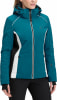 Damen-Winterjacke in Dunkeltürkis mit weißen und schwarzen Details.