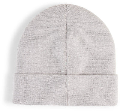 Eine graue Strickmütze mit Umschlag von oben. Eine graue Strickmütze mit Umschlag von oben.