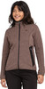Frau in brauner Fleecejacke mit Reißverschluss und schwarzen Details.