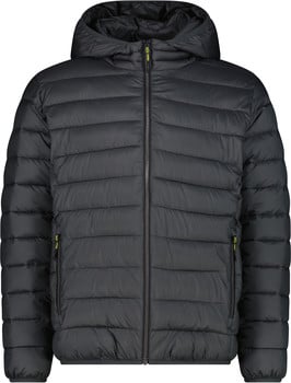 Herren dunkelgraue Daunenjacke mit Kapuze und durchgehendem Reißverschluss.