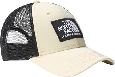 Eine beige Truckerkappe von The North Face mit schwarzem Netz und Logo. Eine beige Truckerkappe von The North Face mit schwarzem Netz und Logo.