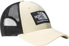 Eine beige Truckerkappe von The North Face mit schwarzem Netz und Logo.