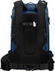 Blauer Wanderrucksack mit schwarzem, gepolstertem Rückensystem und Hüftgurt.