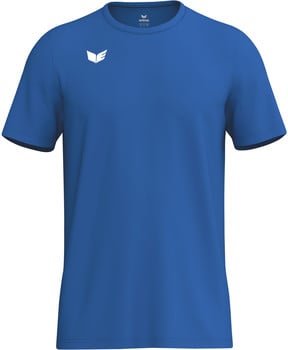 Ein blaues T-Shirt mit kurzen Ärmeln und weißem Logo auf der linken Brust.