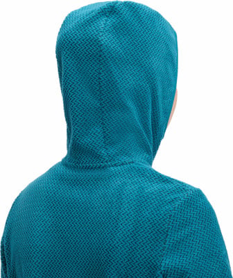 Rückansicht einer Person in einem teal Hoodie mit Fischgrätmuster. Rückansicht einer Person in einem teal Hoodie mit Fischgrätmuster.