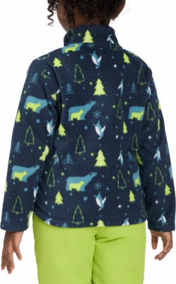 Rückansicht einer dunkelblauen Fleecejacke mit Aufdruck von Eisbären, Pinguinen und Bäumen. Rückansicht einer dunkelblauen Fleecejacke mit Aufdruck von Eisbären, Pinguinen und Bäumen.