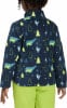 Rückansicht einer dunkelblauen Fleecejacke mit Aufdruck von Eisbären, Pinguinen und Bäumen.