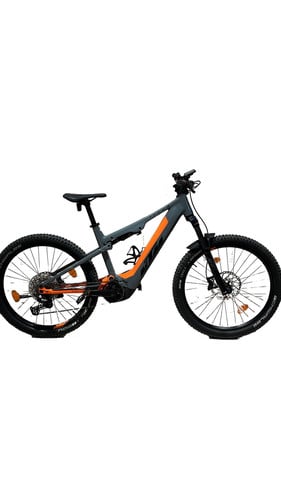 Graues E-Mountainbike mit orangefarbenen Akzenten und Federung.