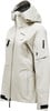 Eine beige Peak Performance Regenjacke mit Kapuze und Logo.