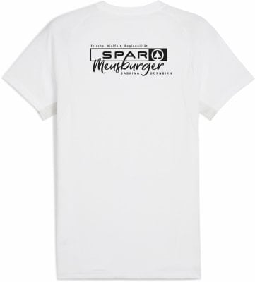 Weißes T-Shirt mit schwarzem SPAR-Logo und Schriftzug Meusburger.