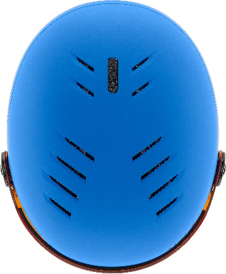 Ein blauer Skihelm mit integriertem Visier und Lüftungsöffnungen.