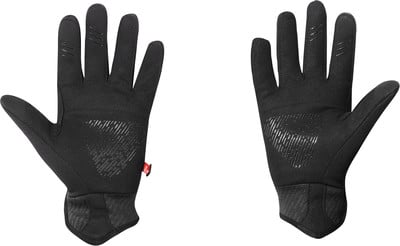 Zwei schwarze Handschuhe mit rutschfesten Elementen an Fingern und Handfläche.