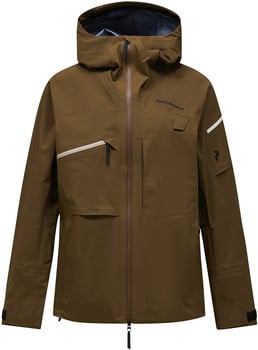 Eine braune Peak Performance Herren-Skijacke mit Kapuze und vielen Taschen.