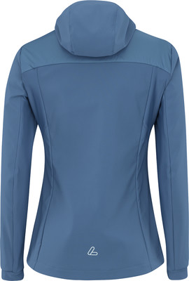 Rückansicht einer blauen Damenjacke mit Kapuze und Logo. Rückansicht einer blauen Damenjacke mit Kapuze und Logo.