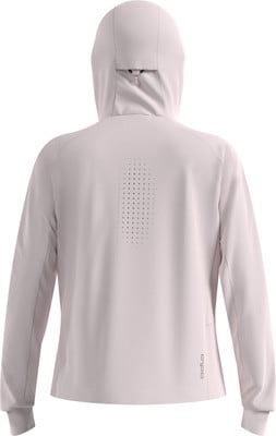 Rückansicht einer hellrosa Damenjacke mit Kapuze und perforiertem Bereich. Rückansicht einer hellrosa Damenjacke mit Kapuze und perforiertem Bereich.