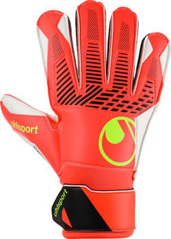 Uhlsport Torwarthandschuhe in Orange und Weiß mit Logo.