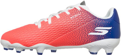 Seitenansicht eines Skechers Fußballschuhs in Rosa und Blau mit weißen Schnürsenkeln. Seitenansicht eines Skechers Fußballschuhs in Rosa und Blau mit weißen Schnürsenkeln.