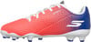 Seitenansicht eines Skechers Fußballschuhs in Rosa und Blau mit weißen Schnürsenkeln.