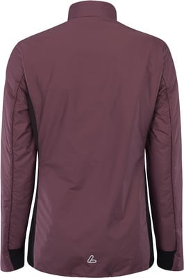 Rückansicht einer dunkelweinroten Jacke mit schwarzen Seitenteilen und Logo. Rückansicht einer dunkelweinroten Jacke mit schwarzen Seitenteilen und Logo.