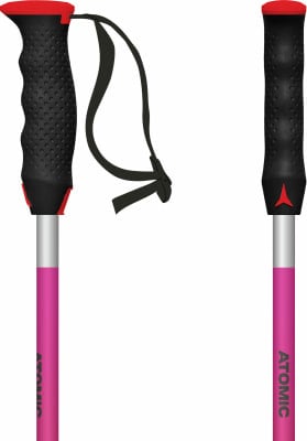 Zwei Skistöcke mit rosa Schäften und schwarzen Griffen. Zwei Skistöcke mit rosa Schäften und schwarzen Griffen.