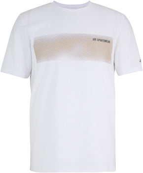 Weißes T-Shirt mit Grafikdruck und dem Schriftzug „JOY SPORTSWEAR“.