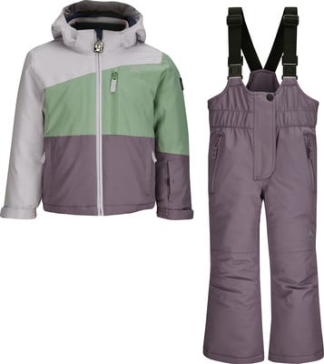 Kinder-Winterjacke und Latzhose in Grau, Grün und Lila. Kinder-Winterjacke und Latzhose in Grau, Grün und Lila.