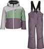 Kinder-Winterjacke und Latzhose in Grau, Grün und Lila.